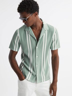 Sage/White Reiss Castle Slim Fit Ribbed Cuban Collar Shirt