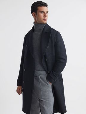 Navy Reiss Attention Wool Check Double Breasted Coat