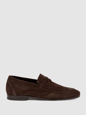 Chocolate Reiss Bray Suede Slip On Loafers