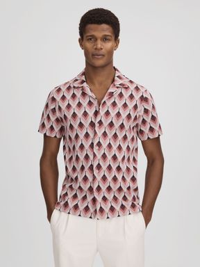 Pink Multi Reiss Beech Cotton Blend Jacquard Cuban Collar Shirt