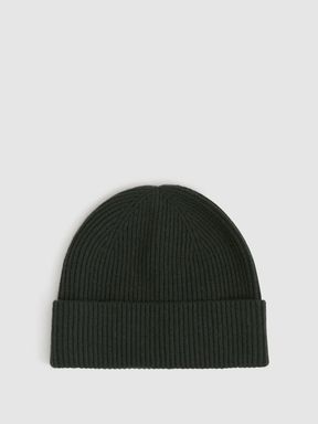 Forest Green Reiss Chaise Merino Wool Ribbed Beanie Hat