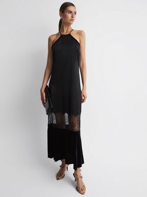 Black Reiss Janelle Fitted Satin-Velvet Midi Dress