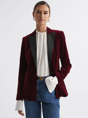 Red Reiss Opal Fitted Velvet Single Breasted Suit Blazer
