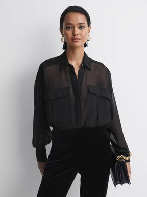 Black Reiss Adaline Oversized Sheer Button-Through Shirt