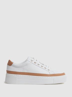 Camel/White Reiss Leanne Grained Leather Platform Trainers