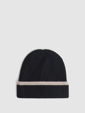 Black/Camel Reiss Hattie Wool Ribbed Beanie Hat