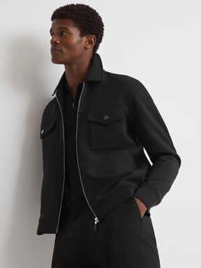 Black Reiss Medina Interlock Jersey Zip-Through Jacket