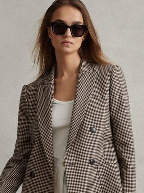 Black/Camel Reiss Ella Double Breasted Wool Dogtooth Blazer