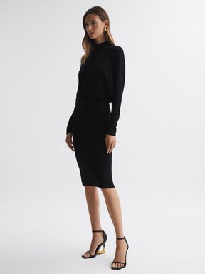 Black Reiss Freya Knitted Long Sleeve Midi Dress