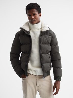 Khaki Reiss Frost Faux Fur Trim Puffer Jacket