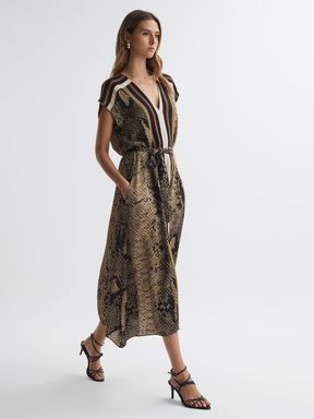Brown Reiss Bea Snake Print Midi Dress