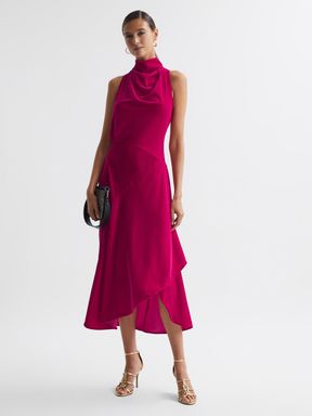 Pink Reiss Giannon Velvet Funnel Neck Asymmetric Midi Dress