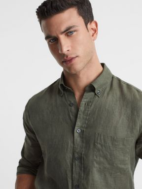 Olive Reiss Quick Slim Fit Full Sleeve Linen Button-Down Shirt