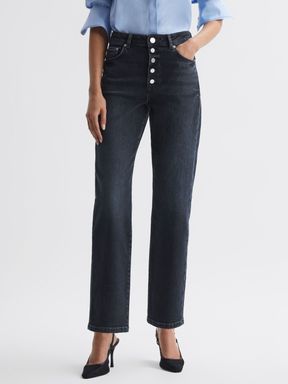 Black Reiss Maisie Cropped Mid Rise Straight Leg Jeans