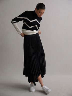 Black Reiss Dina Pleated Layered Asymmetric Midi Skirt