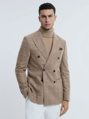 Oatmeal Atelier Italian Wool-Cashmere Slim Fit Double Breasted Check Blazer