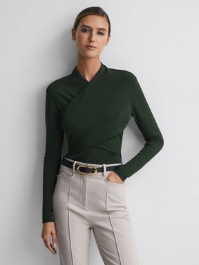 Green Reiss Ellie Fitted Long Sleeve Wrap Top