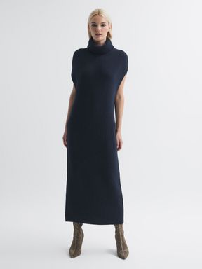 Navy Florere Knitted Roll Neck Midi Dress