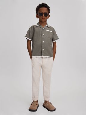 Khaki/White Reiss Vitan Linen Contrast Cuban Collar Shirt