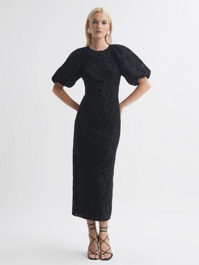 Black Florere Velvet Lace Puff Sleeve Midi Dress