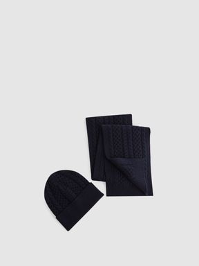 Navy Reiss Heath Knitted Scarf and Beanie Hat Set