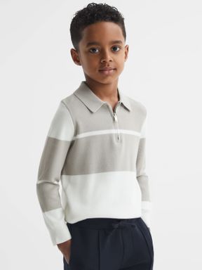 Soft Grey/White Reiss Tokyo Slim Fit Half-Zip Long Sleeve Polo Shirt