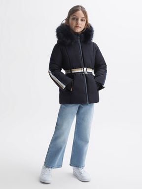 Navy Reiss Cara Quilted Fur Hooded Coat