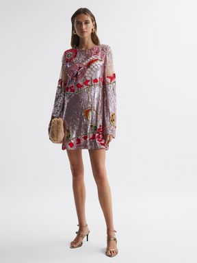 Soft Pink Rachel Gilbert Sequin Embroidered Mini Dress