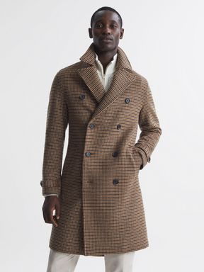 Camel Reiss Unity Modern Fit Wool Blend Double Breasted Dogtooth Coat