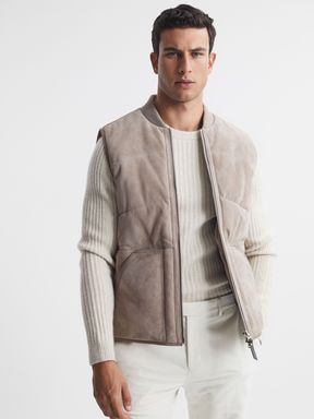 Taupe Reiss Cobar Suede Quilted Sleeveless Gilet