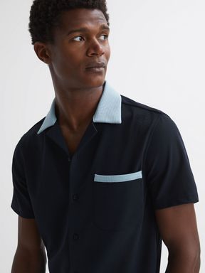 Navy/ Soft Blue Reiss Troon Cuban Collar Contrast Shirt