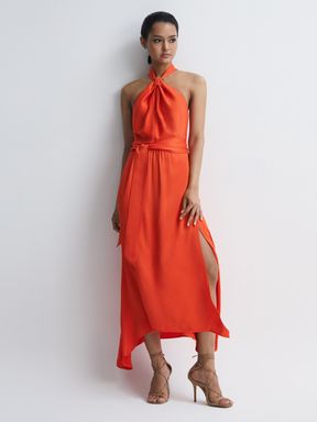 Orange Reiss Evelyn Fitted Halter Neck Midi Dress