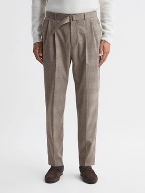 Brown Reiss Rail Prince of Wales Check Belted Trousers