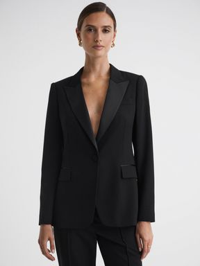 Black Reiss Alia Slim Fit Single Breasted Satin Suit Blazer