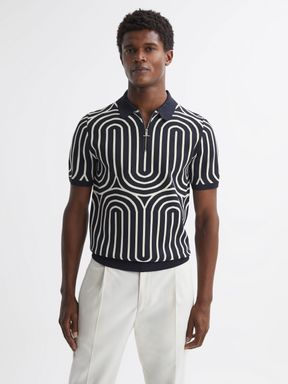 Navy/White Reiss Maycross Half-Zip Striped Polo T-Shirt