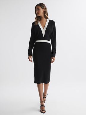 Black/White Reiss Jodie Knitted Colourblock Midi Dress