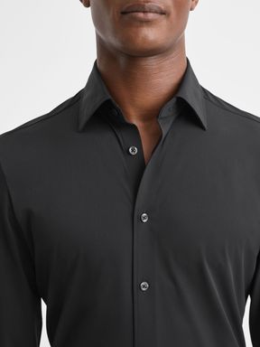 Black Slim Fit Button-Through Travel Shirt