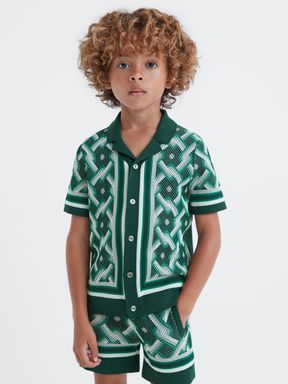 Green Multi Reiss Hyde Knitted Cuban Collar Button-Through Shirt