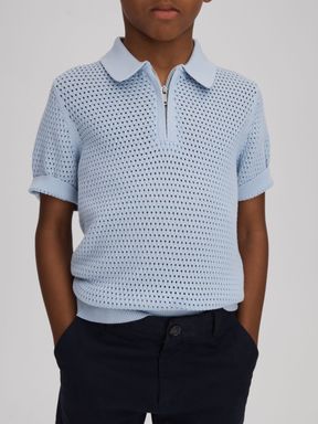 Soft Blue Reiss Burnham Textured Half-Zip Polo T-Shirt