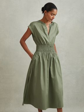 Green Reiss Lena Cotton Ruched Waist Midi Dress