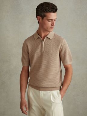 Taupe Reiss Burnham Cotton Blend Textured Half Zip Polo Shirt