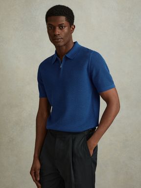 Bright Blue Reiss Burnham Cotton Blend Textured Half Zip Polo Shirt