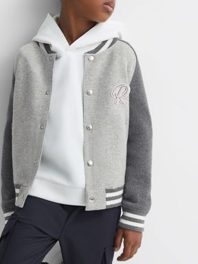 Soft Grey Reiss Belsize Cotton Blend Varsity Bomber Jacket