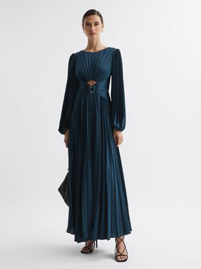 Sea Blue Acler Pleated Blouson Sleeve Midi Dress