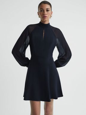Navy Reiss Perry Sheer Blouson Sleeve Mini Dress