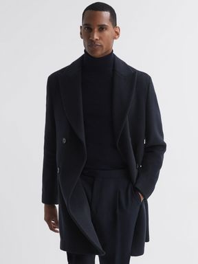 Navy Reiss Timpano Wool Blend Double Breasted Epsom Coat