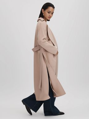 Neutral Reiss Sasha Wool Blend Double Breasted Blindseam Coat