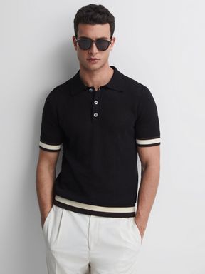 Black/Chocolate Reiss Quinn Reiss | Ché Knitted Half-Button Polo Shirt