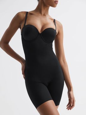 Black Spanx Shapewear Firming Strapless Mid-Thigh Bodysuit with Cups