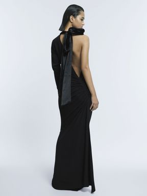 Black Atelier Fitted One-Shoulder Velvet Bow Maxi Dress